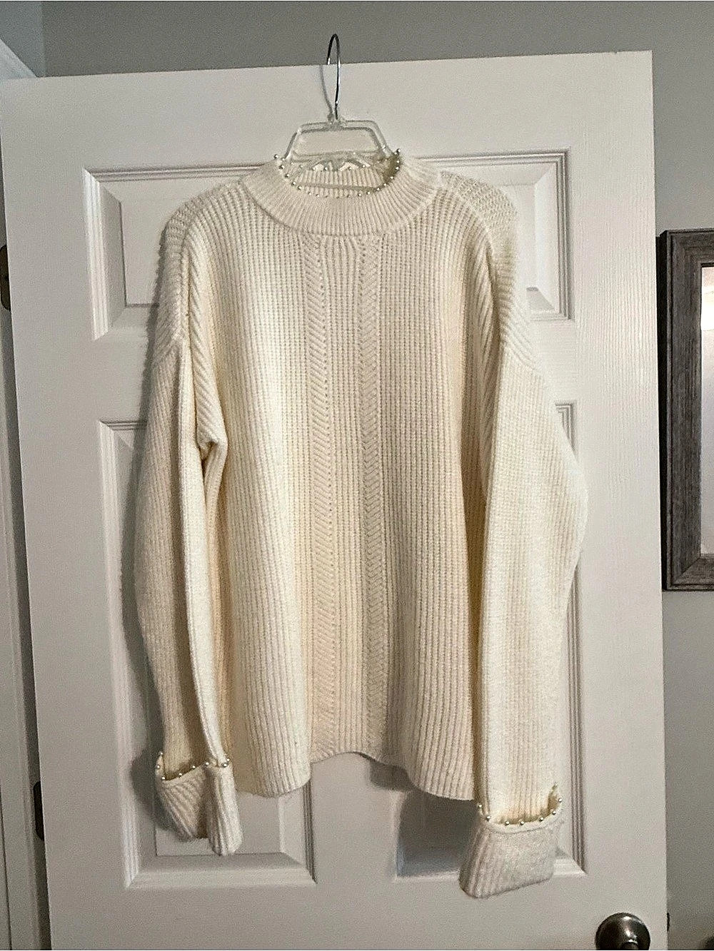 Crown & Ivy Mock Neck Pearl Trim Sweater Cream Large